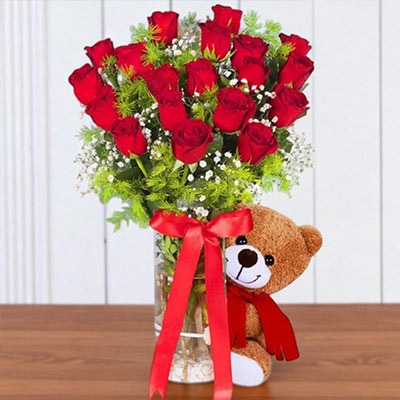 Charming Red Roses in Vase with Teddy Bear – Cute Gift for Her